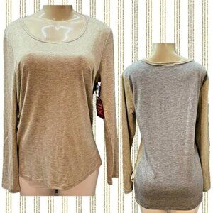 Faded Glory M Gold Metallic Front Gray Heather Back Scoop Neck Long Sleeve Tee